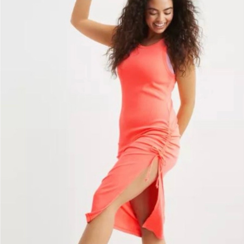 Aerie Sleeveless Ribbed Midi Dress in Coral Pink